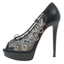 مملوكة مسبقًا Christian Louboutin Black Mesh Pierce Peep Toe Platform Pumps Size 37.5