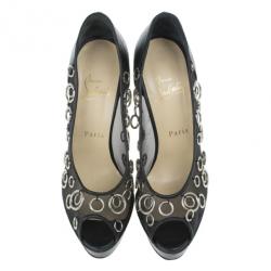 مملوكة مسبقًا Christian Louboutin Black Mesh Pierce Peep Toe Platform Pumps Size 37.5