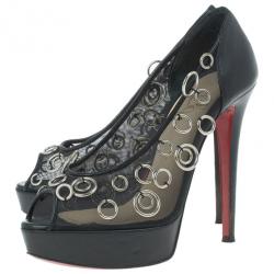 مملوكة مسبقًا Christian Louboutin Black Mesh Pierce Peep Toe Platform Pumps Size 37.5