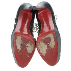 مملوكة مسبقًا Christian Louboutin Black Mesh Pierce Peep Toe Platform Pumps Size 37.5