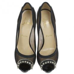 Pre Owned Christian Louboutin Black Mesh Spiked Shawnita Peep Toe Pumps Size 37