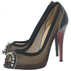 Pre Owned Christian Louboutin Black Mesh Spiked Shawnita Peep Toe Pumps Size 37