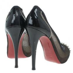 Pre Owned Christian Louboutin Black Mesh Spiked Shawnita Peep Toe Pumps Size 37