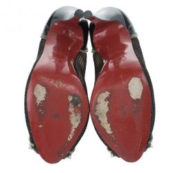 Pre Owned Christian Louboutin Black Mesh Spiked Shawnita Peep Toe Pumps Size 37