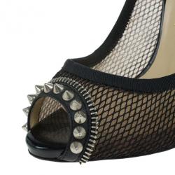 Pre Owned Christian Louboutin Black Mesh Spiked Shawnita Peep Toe Pumps Size 37
