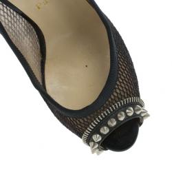 Pre Owned Christian Louboutin Black Mesh Spiked Shawnita Peep Toe Pumps Size 37