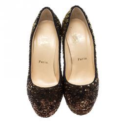 Pre Owned حذاء كعب عالي كريستيان لوبوتان بيانكا ترتر ذهبي نعل سميك مقاس 36.5