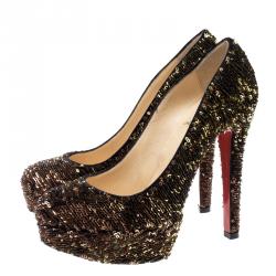 Pre Owned حذاء كعب عالي كريستيان لوبوتان بيانكا ترتر ذهبي نعل سميك مقاس 36.5