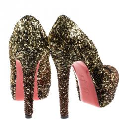 Pre Owned حذاء كعب عالي كريستيان لوبوتان بيانكا ترتر ذهبي نعل سميك مقاس 36.5