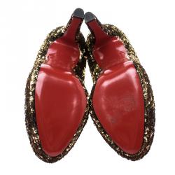 Pre Owned حذاء كعب عالي كريستيان لوبوتان بيانكا ترتر ذهبي نعل سميك مقاس 36.5