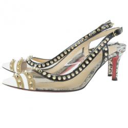 Pre Owned Christian Louboutin Manovra Studded Leather and PVC Slingback Sandals Size 39
