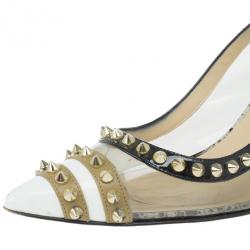 Pre Owned Christian Louboutin Manovra Studded Leather and PVC Slingback Sandals Size 39