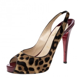 Pre Owned Christian Louboutin Leopard Print Pony Hair Peep Toe Slingback Sandals Size 39