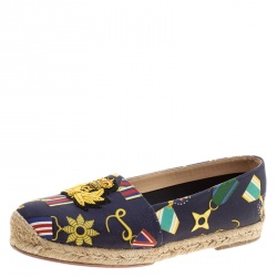 Pre Owned  Christian Louboutin Navy Blue Medal Printed Canvas Galia Espadrille Flats Size 37