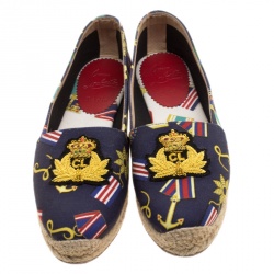 Pre Owned  Christian Louboutin Navy Blue Medal Printed Canvas Galia Espadrille Flats Size 37