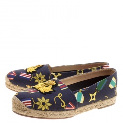 Pre Owned  Christian Louboutin Navy Blue Medal Printed Canvas Galia Espadrille Flats Size 37