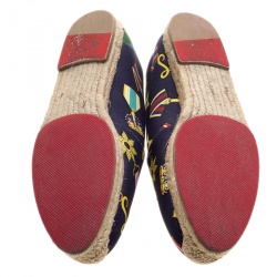 Pre Owned  Christian Louboutin Navy Blue Medal Printed Canvas Galia Espadrille Flats Size 37