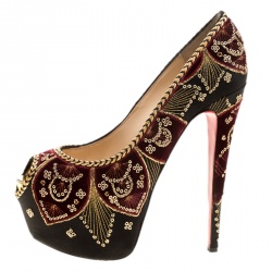Pre Owned Christian Louboutin Black Satin Highness Sombrero Velvet Embroidered Peep Toe Platform Pumps Size 38.5