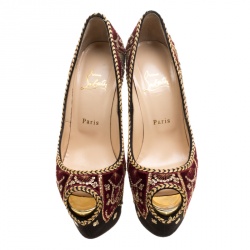 Pre Owned Christian Louboutin Black Satin Highness Sombrero Velvet Embroidered Peep Toe Platform Pumps Size 38.5