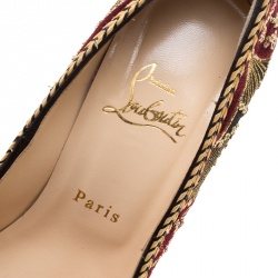 Pre Owned Christian Louboutin Black Satin Highness Sombrero Velvet Embroidered Peep Toe Platform Pumps Size 38.5