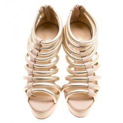 Pre Owned Christian Louboutin Beige and Gold Leather Romaine Platform Sandals Size 37.5
