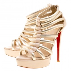Pre Owned Christian Louboutin Beige and Gold Leather Romaine Platform Sandals Size 37.5
