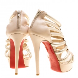 Pre Owned Christian Louboutin Beige and Gold Leather Romaine Platform Sandals Size 37.5