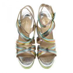 Pre Owned Christian Louboutin Multicolor Metallic Leather Meteorita Cross Strap Platform Sandals Size 40