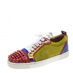 Christian Louboutin Multicolor Leather And Leopard Print Canvas Louis  Junior Spikes Sneakers Size 36 Christian Louboutin