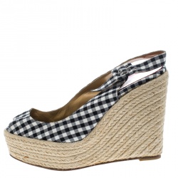 مملوكة مسبقًا Christian Louboutin Black Canvas Menorca Gingham Espadrille Wedge Sandals Size 39