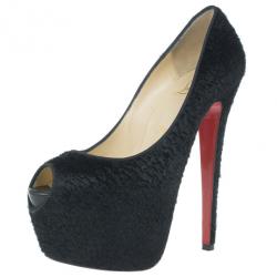 Pre Owned Christian Louboutin Black Pony Hair Highness Platform Pumps Size 37.5