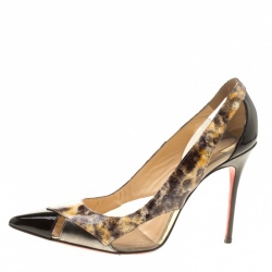Pre Owned Christian Louboutin Black Leather and PVC Galata Pumps Size 37