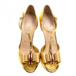 Pre Owned Christian Louboutin Metallic Gold Leather Archidisco T Strap Peep Toe Sandals Size 37