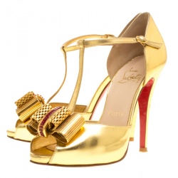 Pre Owned Christian Louboutin Metallic Gold Leather Archidisco T Strap Peep Toe Sandals Size 37