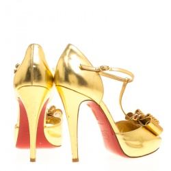 Pre Owned Christian Louboutin Metallic Gold Leather Archidisco T Strap Peep Toe Sandals Size 37