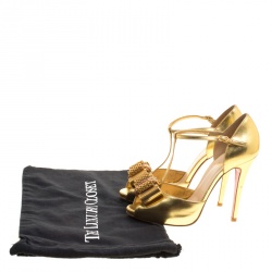 Pre Owned Christian Louboutin Metallic Gold Leather Archidisco T Strap Peep Toe Sandals Size 37