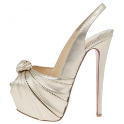 Pre Owned Christian Louboutin Metallic Leather Miss Benin Knotted Platform Slingback Sandals Size 37