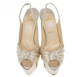 Pre Owned Christian Louboutin Metallic Leather Miss Benin Knotted Platform Slingback Sandals Size 37