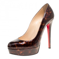 Pre Owned Christian Louboutin Brown Tortoise Print Patent Leather Bianca Platform Pumps Size 39
