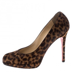 Pre Owned Christian Louboutin Brown Leopard Print Pony Hair Filo Platform Pumps Size 39.5