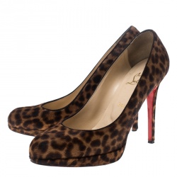 Pre Owned Christian Louboutin Brown Leopard Print Pony Hair Filo Platform Pumps Size 39.5