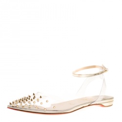 Pre Owned Christian Louboutin PVC and Metallic Gold Leather Spikoo Ankle Strap Pointed Toe Flats Size 36.5