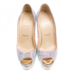 Pre Owned Christian Louboutin Crystal Embellished Lady Peep Toe Aurora Boreale Platform Pumps Size 38