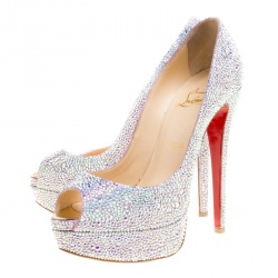 Pre Owned Christian Louboutin Crystal Embellished Lady Peep Toe Aurora Boreale Platform Pumps Size 38