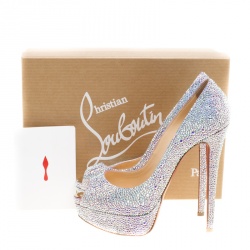 Pre Owned Christian Louboutin Crystal Embellished Lady Peep Toe Aurora Boreale Platform Pumps Size 38