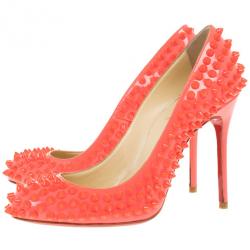 Pre Owned Christian Louboutin Pink Neon Patent Spike Fifi Pumps Size 36