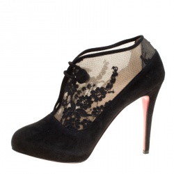 Pre Owned Christian Louboutin Black Suede and Floral Lace Clic Clac Booties Size 39.5