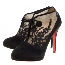 Pre Owned Christian Louboutin Black Suede and Floral Lace Clic Clac Booties Size 39.5
