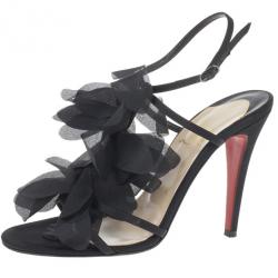Pre Owned Christian Louboutin Black Satin 'Mount Street' T-Strap Sandals Size 38