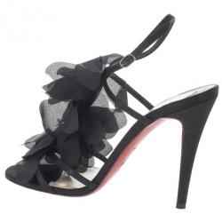 Pre Owned Christian Louboutin Black Satin 'Mount Street' T-Strap Sandals Size 38